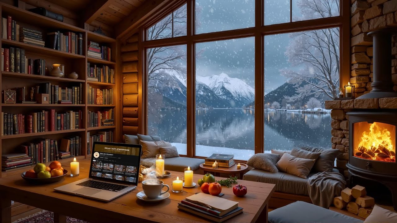 Прекрасное зимнее кафе ❄️ Расслабляющая джазовая фортепианная музыка и уютный камин с видом на озеро