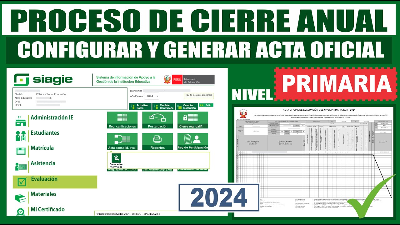 Siagie V3.0 | Proceso CIERRE ANUAL 2024 | Configurar y Aprobar ACTAS OFICIALES 2024 - Nivel Primaria
