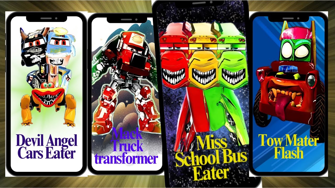 Devil Angel Cars Eater 🆚 Mack Truck transformer 🆚 Miss School Bus Eater 🆚 Tow Mater Flash