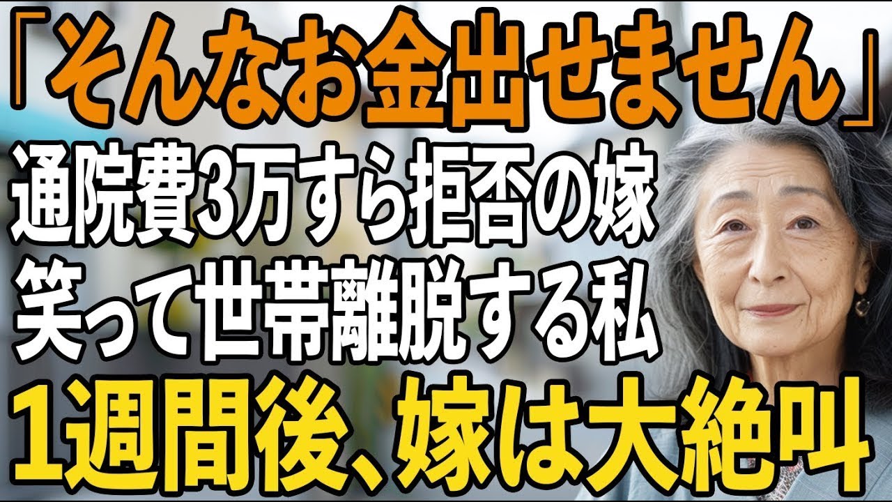 「そんなお金出せませんよ」通院費3万すら拒否する嫁。全てを悟った私は黙って世帯を抜けた→1週間後、孫の一言で嫁は大絶叫【シニアライフ】【60代以上の方へ】