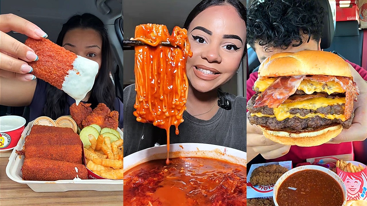 Asmr TikTok EATING NO talking |405| Seafood boil, enoki mushrooms, CANES, Wingstop and more!