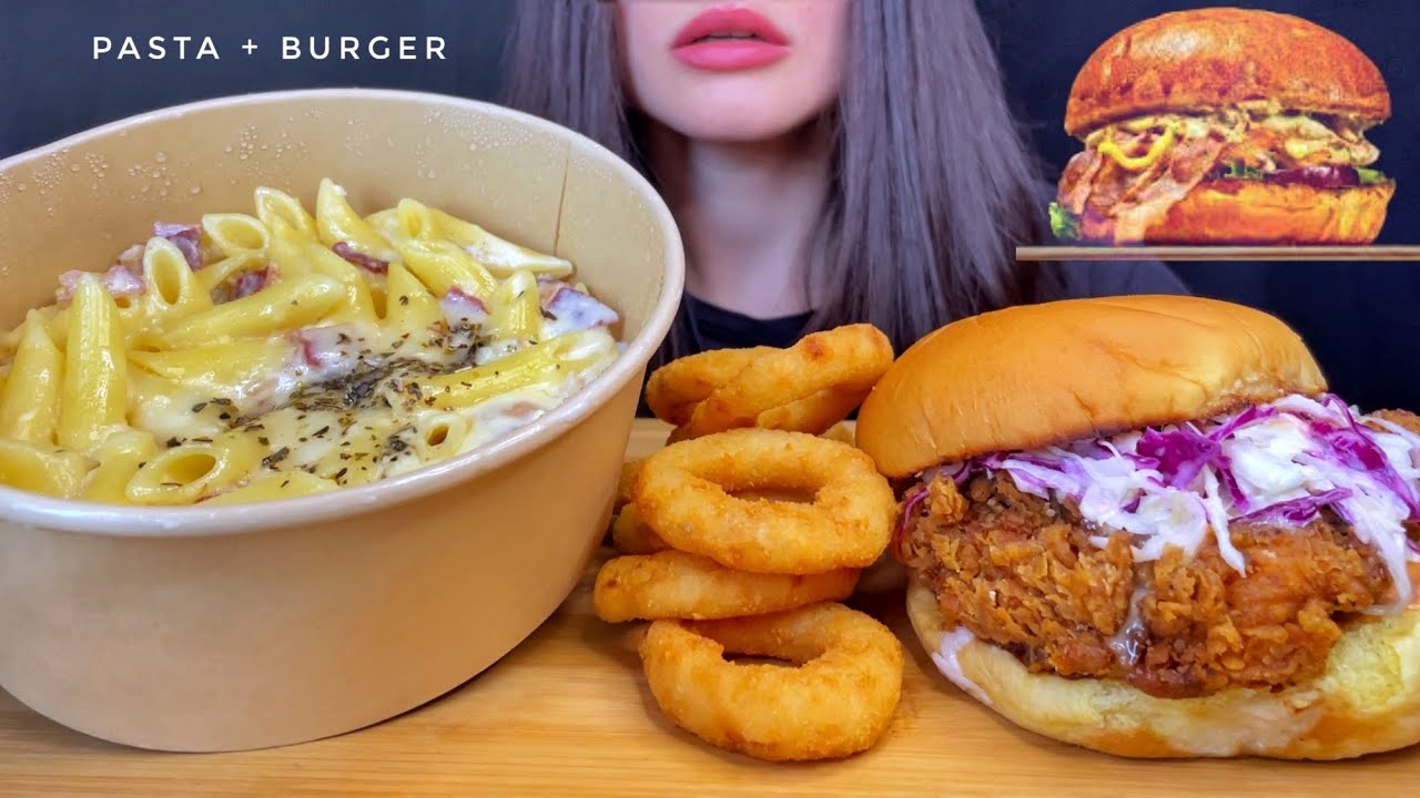 CREAMY PASTA + CRISPY CHICKEN BURGER | ASMR MUKBANG | EATING SOUNDS
