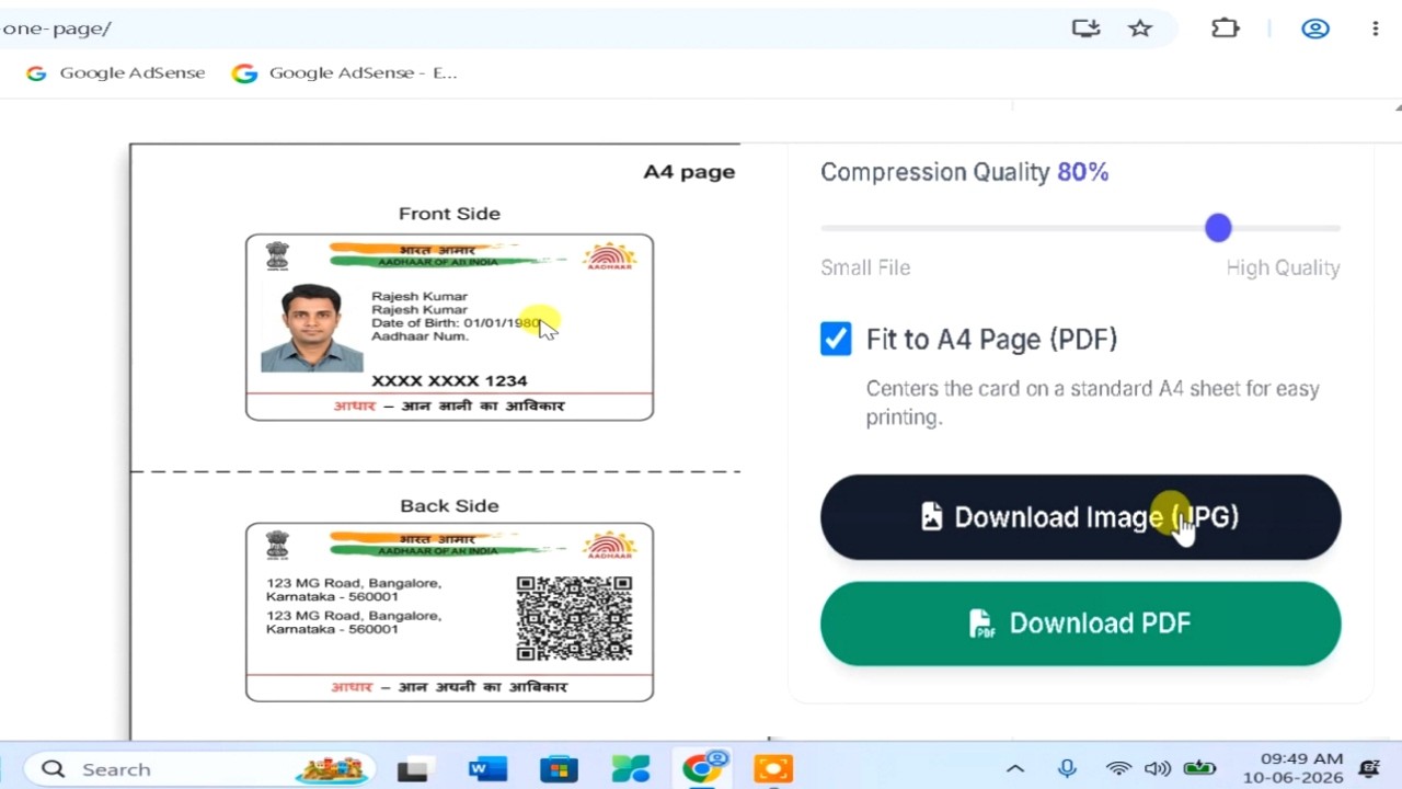Aadhaar Card Both Side in One Page (A4), for Annapurna Bhandar Document Upload
