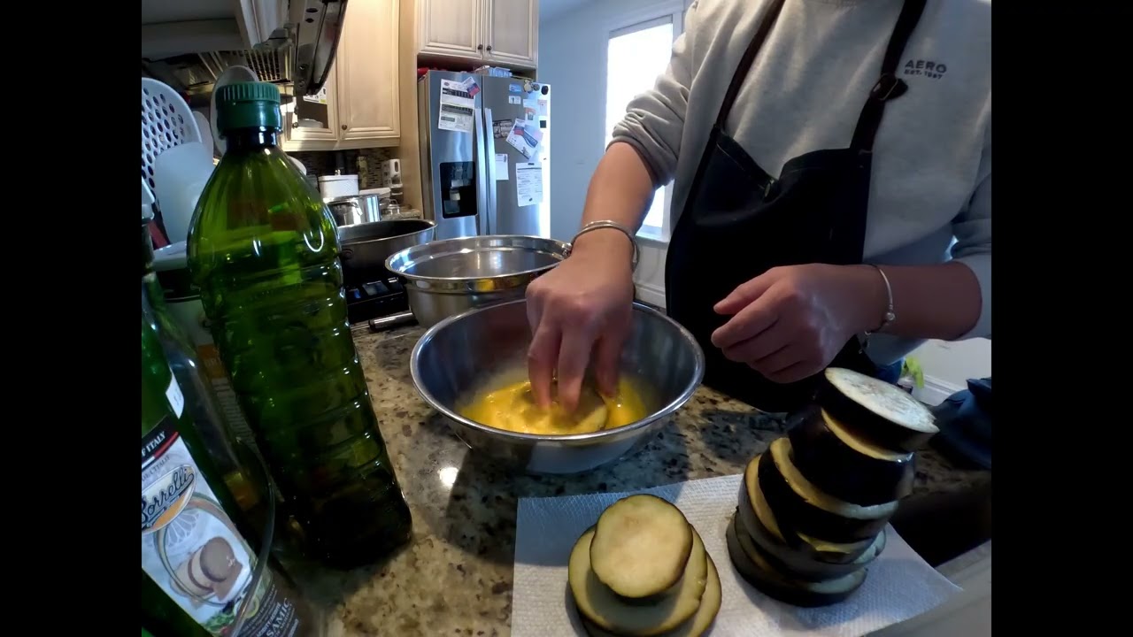deep fried breaded eggplant with pasta
