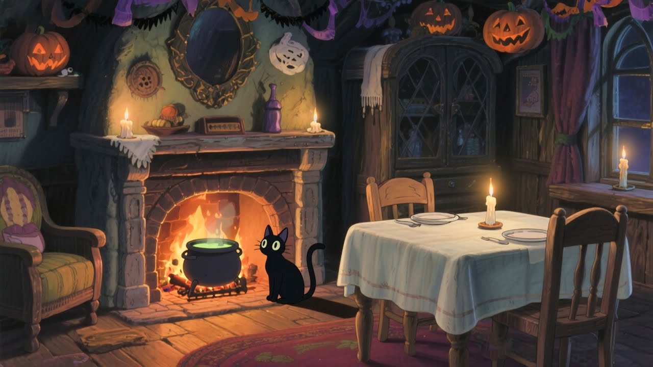 A warm halloween cottage ambience 1930s with black cat fireplace and oldies for sleep