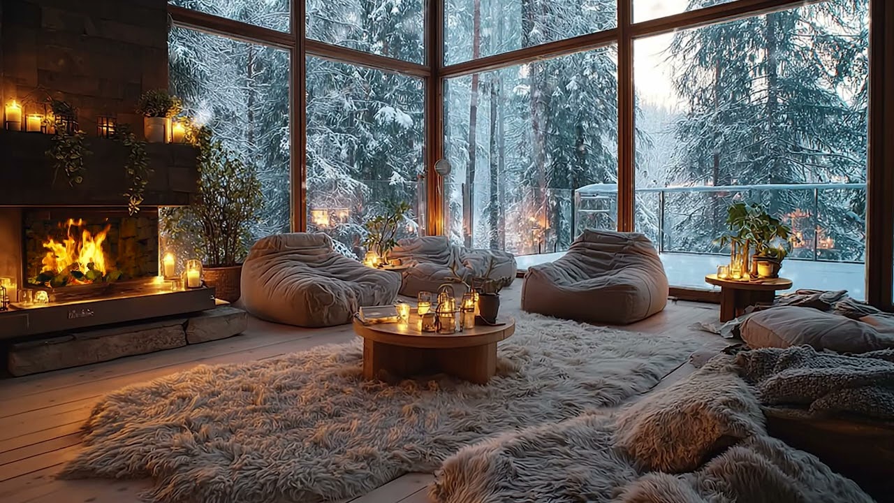 Cold Snow Wind Passing the Window | Fireplace Sounds for Relaxing Winter Evenings