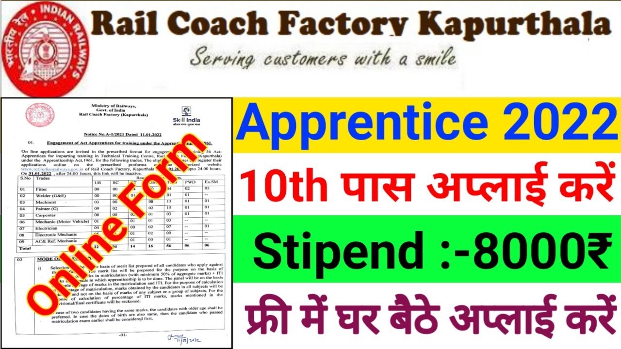 Railway RCF Apprentice Online Form 2022 || RCF Railway Apprentice Vacancy 2022 || RCF Apprentice
