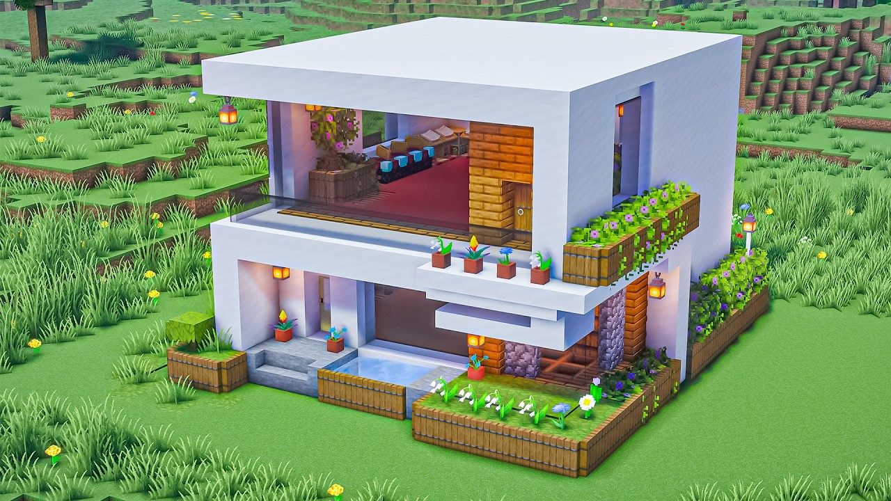 Minecraft: How to Build a Modern House Tutorial (Easy to Follow) #19 - Interior in Description!