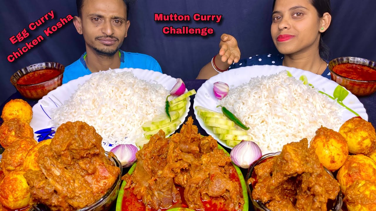 Spicy Mutton Curry With Rice, And Chicken Kosha Egg Curry Eating Challenge | Food Challenge 