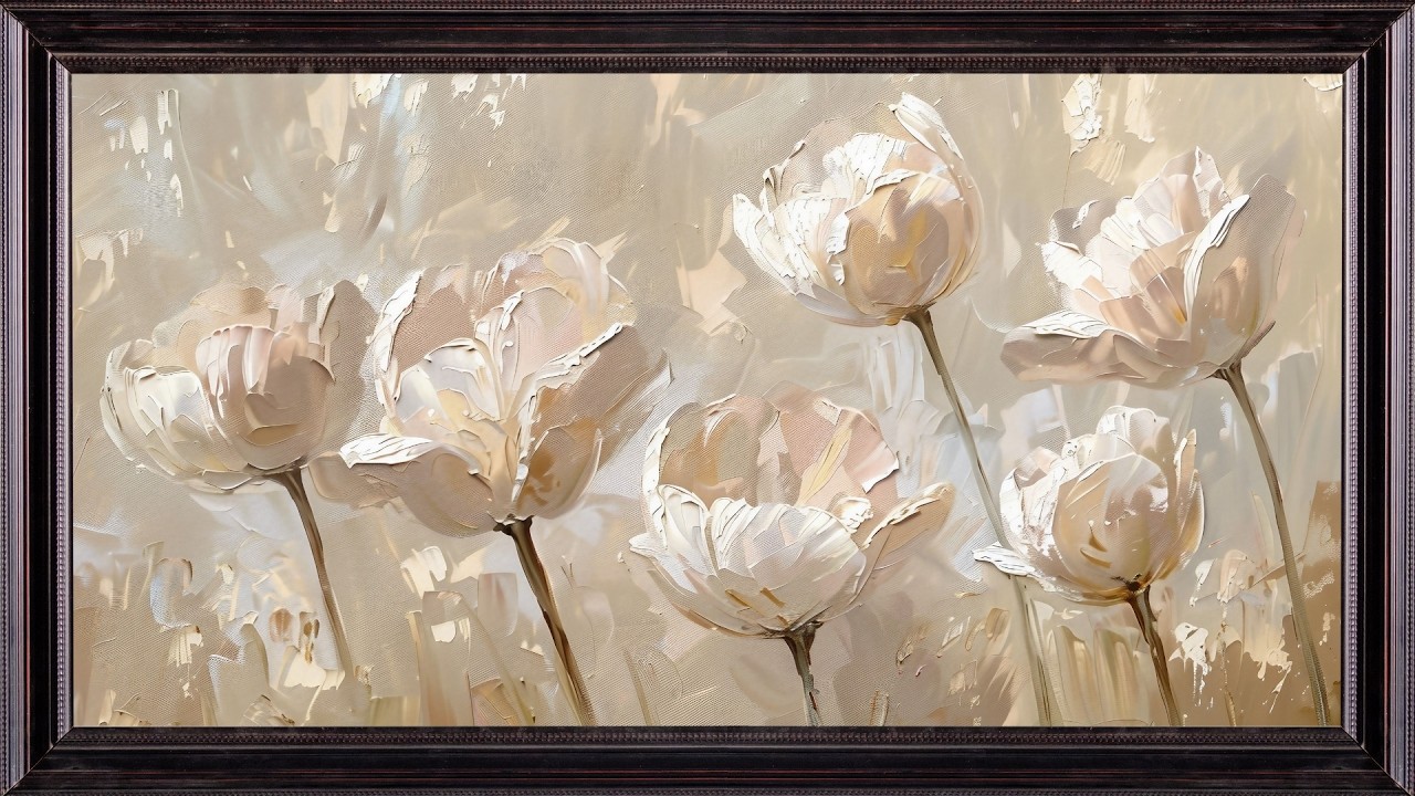Still Life White Roses Vintage Oil Painting Frame TV Art