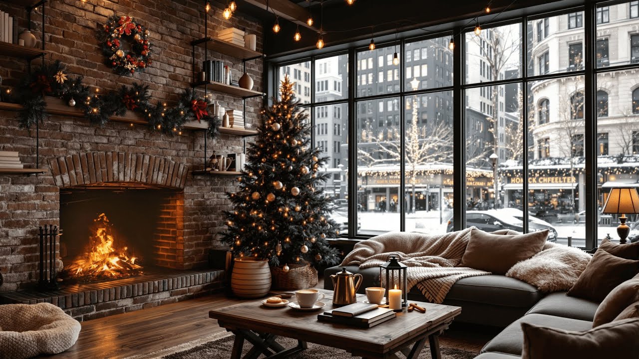 Winter Coffee Shop Ambience with Smooth Jazz Music 🧣☕️ Christmas Jazz & Cozy Fireplace for Relaxing