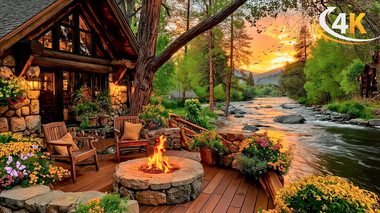Golden Sunset Riverside Cabin Ambience | Cozy Campfire, River Sounds & Birdsong Nature Escape 4K