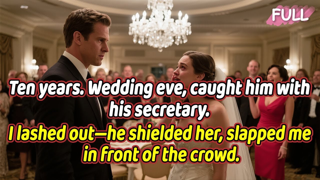 Ten years. Wedding eve, caught him with his secretary. I lashed out—he shielded her, slapped me...