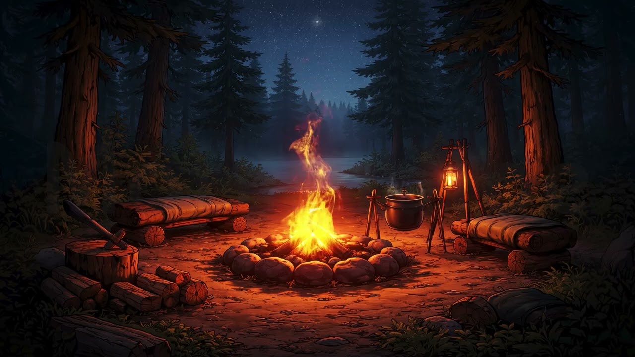 Wilderness Night Camp Animated Background 🔥 Midnight Forest Campfire | Cozy Nature Scene