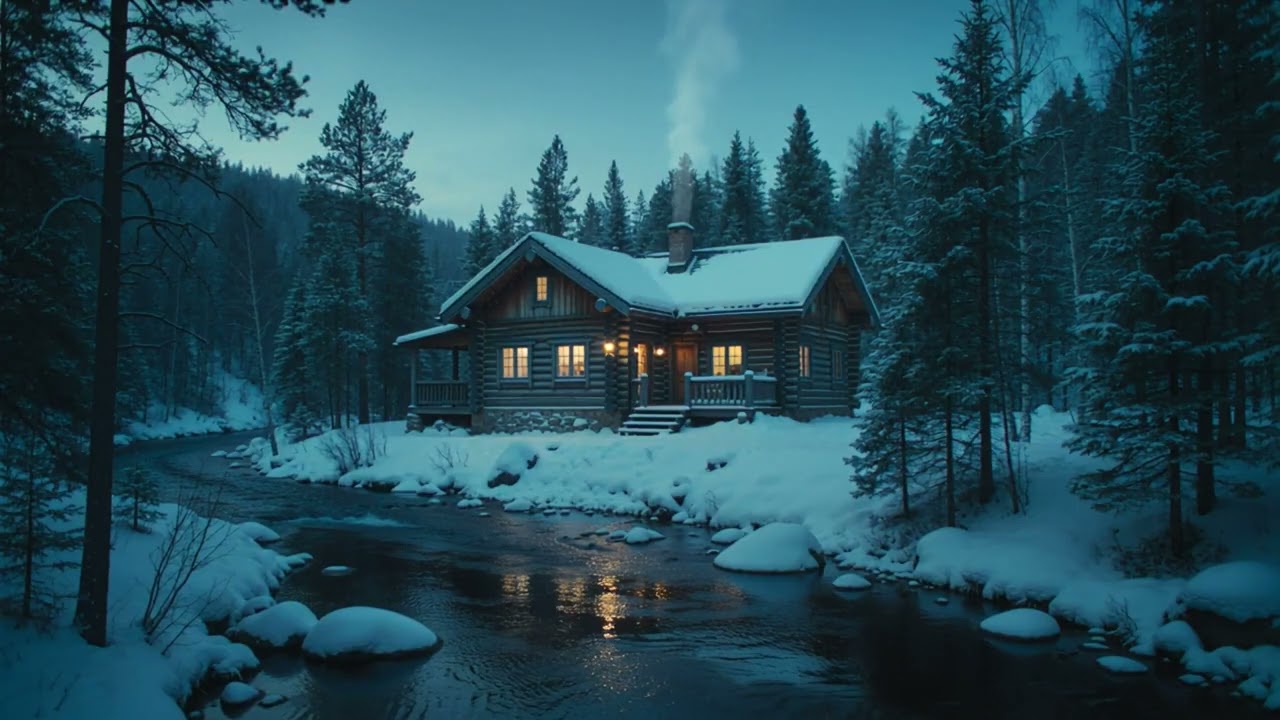 Cozy Winter Cabin by the River in a Snowy Forest | Relaxing Night Ambience for Sleep & Meditation
