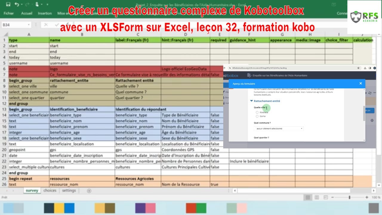 Créer un questionnaire KoBo complexe à partir d'un XLSForm sur Excel, formation kobo, Projet 2