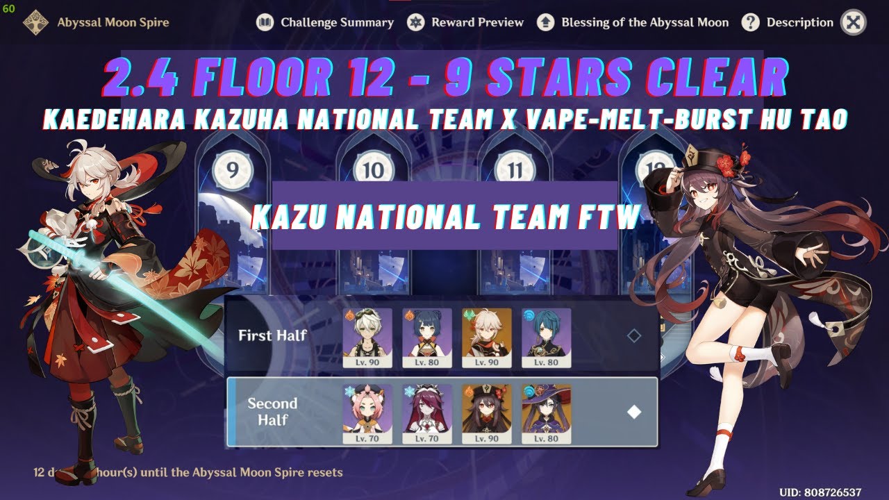 Spiral Abyss 2.4 Floor 12 9 Stars | C0 Kazuha National Team & Vape-Melt-Burst C1 Hu Tao & Mona #60