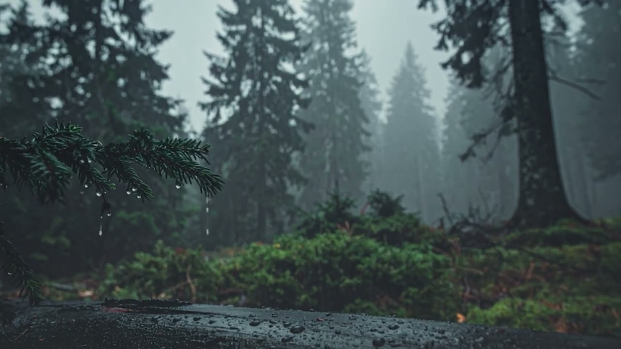 Heavy Rainfall in Misty Spruce Woods | Thunder Ambience for Study & Relaxation
