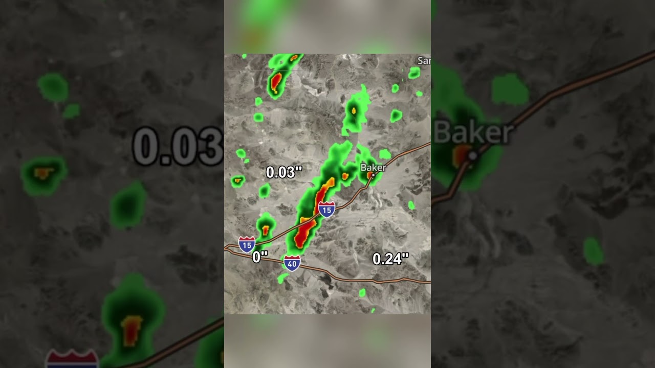 Flash flood warning issued for thunderstorms producing heavy rain near Baker, California.