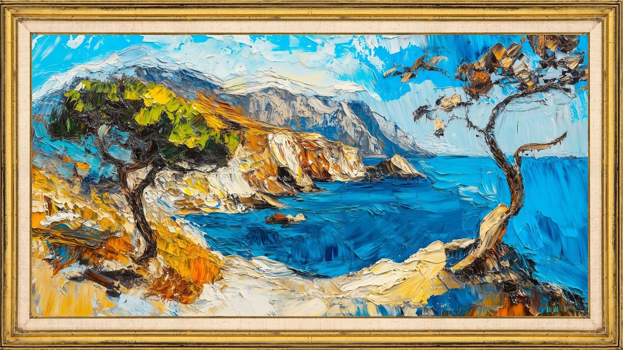 Framed Coastal Landscape Oil Painting | Relaxing Art Screensaver for TV | Mediterranean Cliff Scene