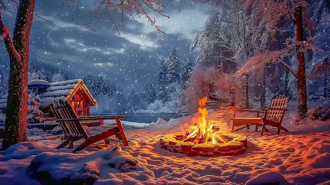 Красивый снежный день, джазовая музыка|Расслабляющий костер и легкий ветерок|Успокаивающая атмосфера