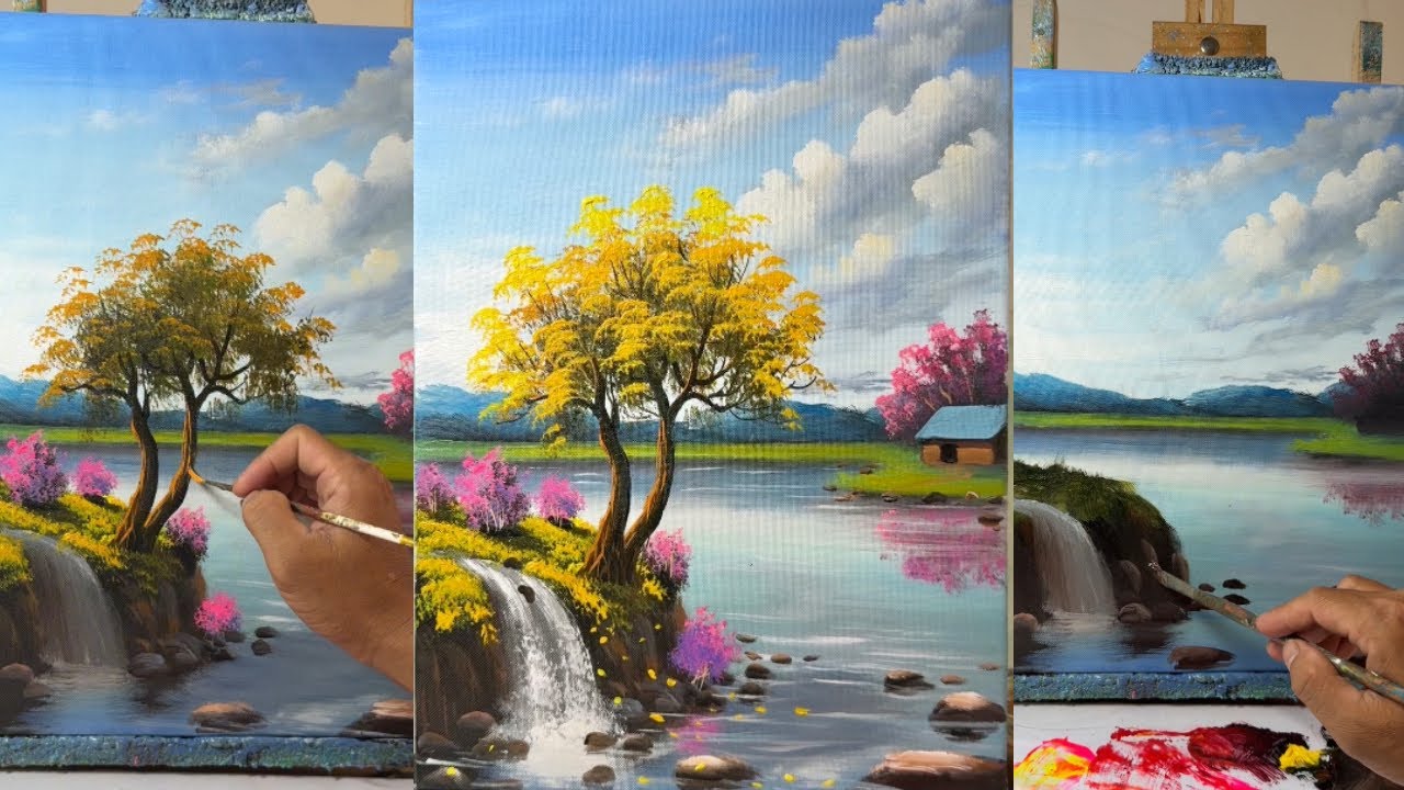 Easy Waterfall Landscape Painting with Golden Trees & Cherry Blossom Reflection | Acrylic Tutorial