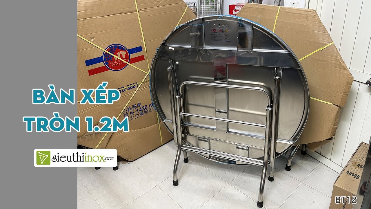 Bàn tròn inox chân xếp gọn, đường kính 1.2m. Giá 1.6tr