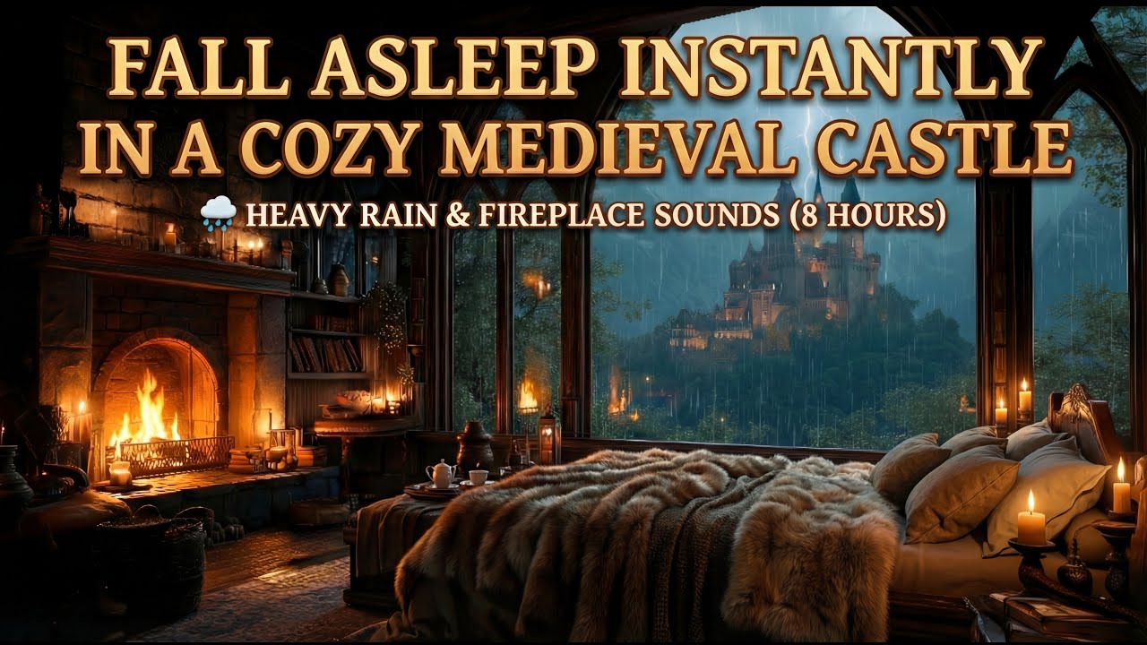 Fall Asleep Instantly in a Cozy Medieval Castle 🌧 Heavy Rain & Fireplace Sounds (8 Hours)
