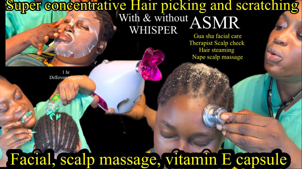 ASMR ✨ Concentrative Therapist scalp massage, hair steam, Gua sha Facial) ) Hair crust picking