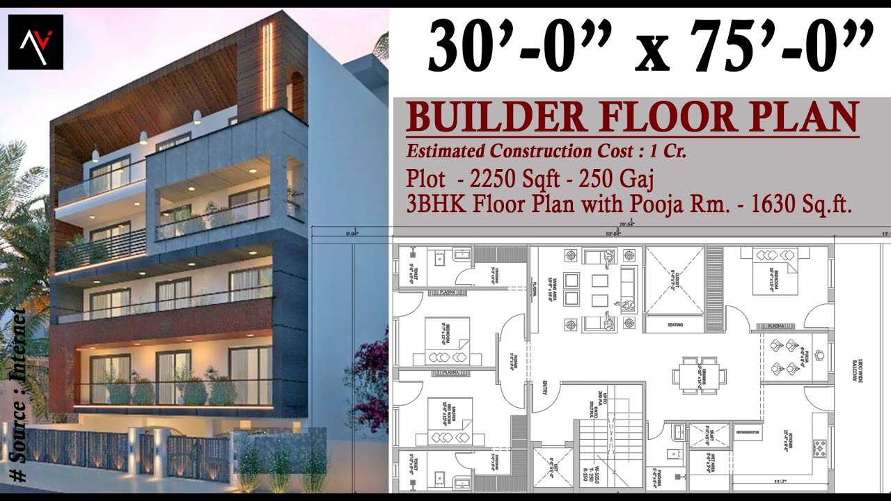 30'x75' House Design | 250 Gaj Builder Floor Plan | 3BHK with Pooja Room & Stilt Floor Parking