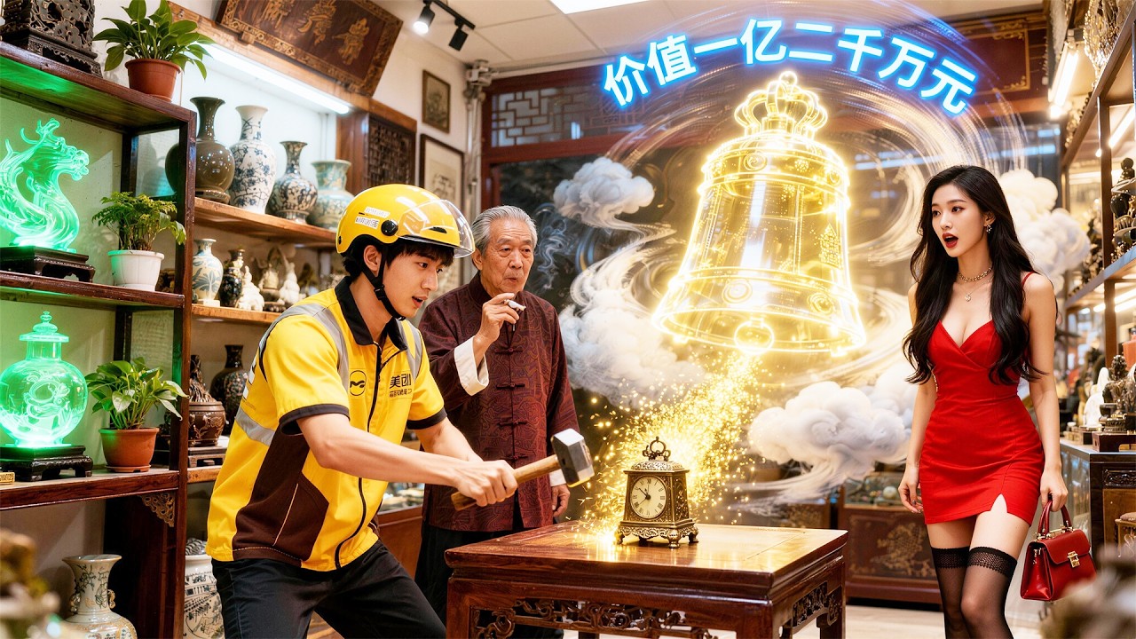 老闆嘲諷外賣員窮酸，逼他滾出古玩店，小夥隨手拍下塊300元廢鐵，一錘砸開金光沖天，上古神鍾現世，前女友當場推開新歡，跪地痛哭：「老公，我錯了！」#逆襲 #爽文 #爽劇工廠