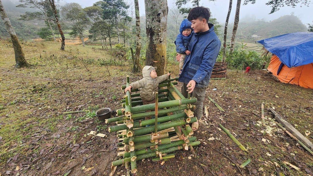poor boy living in poverty with single father, with the child go dig cassava to prepare