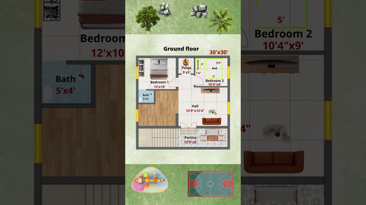 900sqft East facing house plan 30'x30' #vastu #animation
