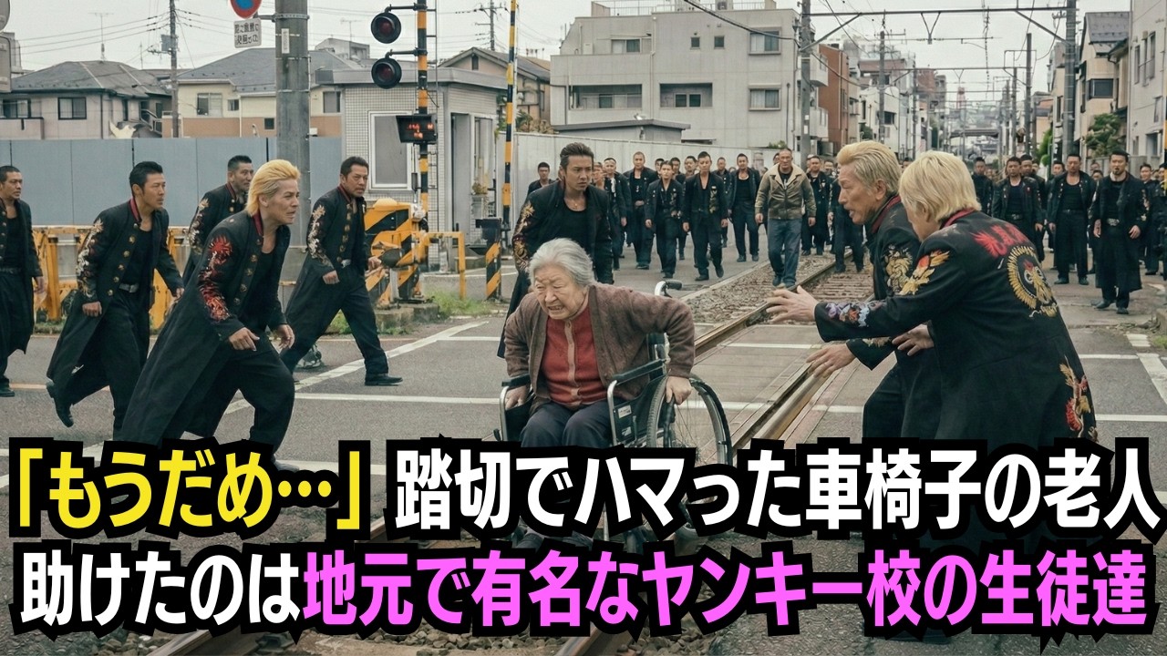 「もうだめ...」踏切でハマってしまった車いすの老人。誰もが動けない中、老人を助けたのは地元で有名な不良たちだった