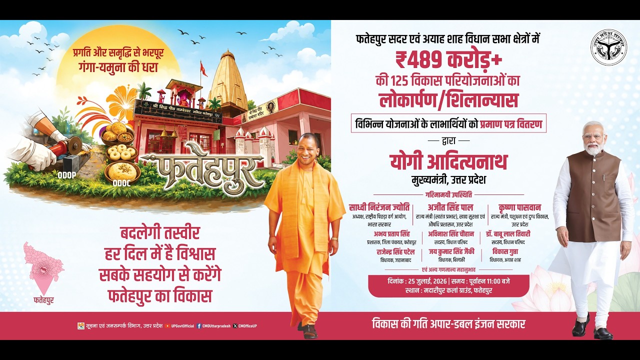#LIVE: फतेहपुर में ₹489 करोड़ से अधिक की 125 विकास परियोजनाओं का लोकार्पण एवं शिलान्यास कार्यक्रम
