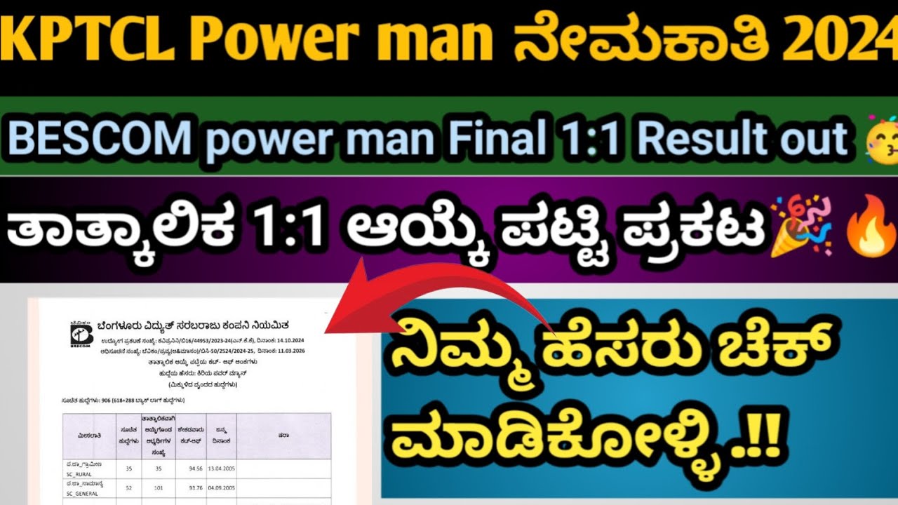 KPTCL BESCOM POWER MAN 1:1 TENTATIVE FINAL SELECTION LIST OUT 🥳 | #bescom 