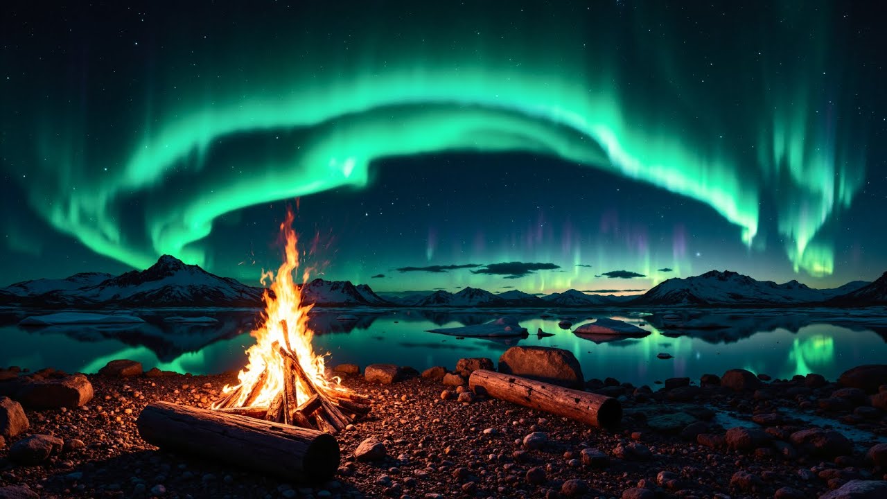 Peaceful Arctic Night with Northern Lights | Relaxing Campfire | 4K Cozy Ambience, no ads