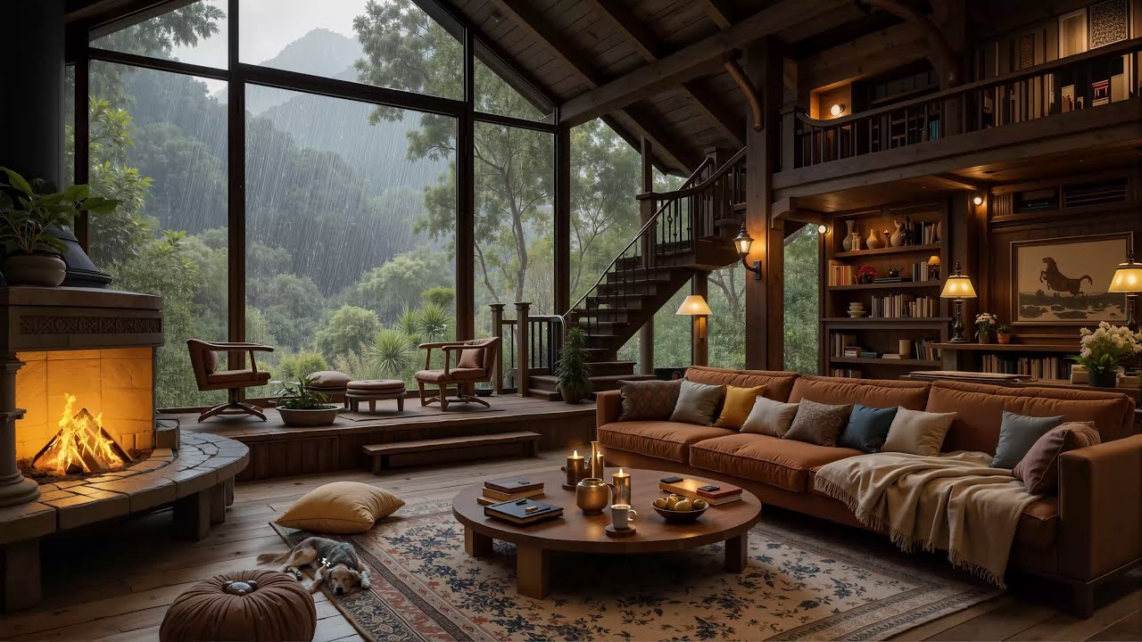Cozy Living Room Ambience & Relaxing Jazz Instrumental Music - Rainfall & Fireplace for Sleep, Study