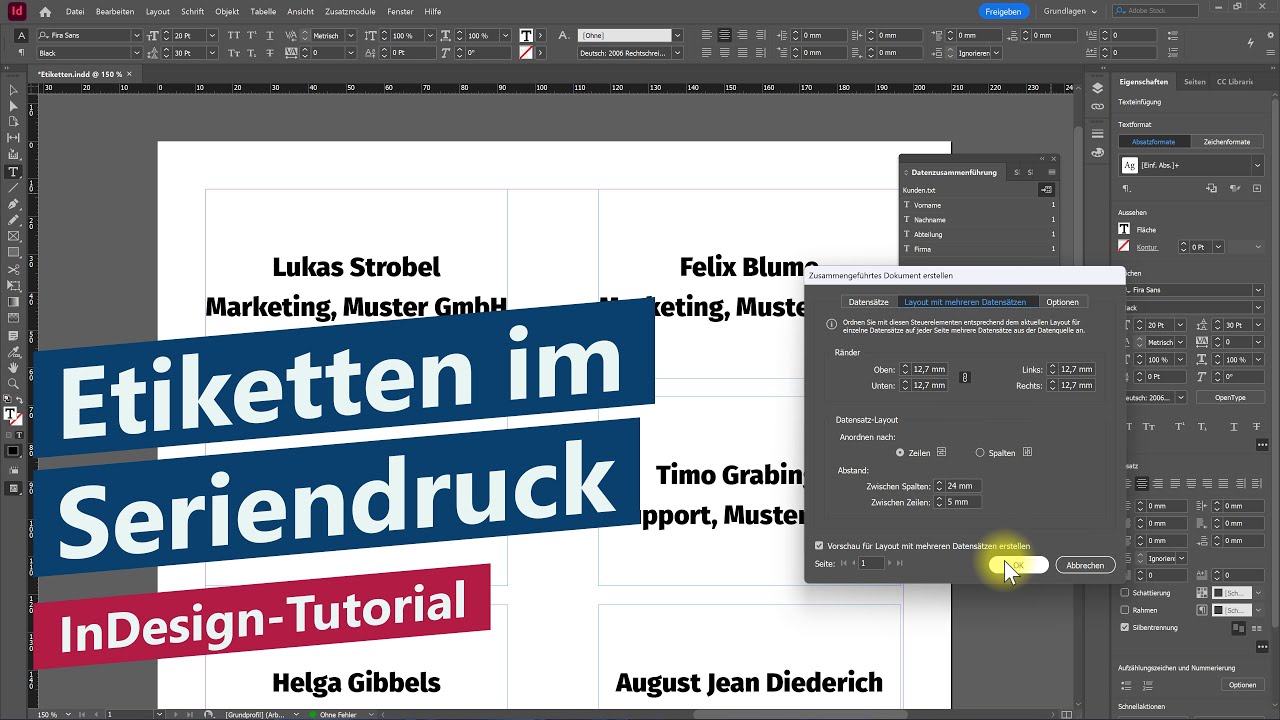 Etiketten-Seriendruck: Mehrere Datens&auml;tze auf einer Seite (Datenzusammenf&uuml;hrung) &ndash; InDesign-Tutorial