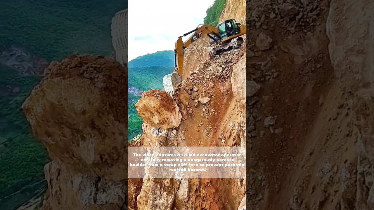 Precision in Peril: Excavator Operator Safely Dislodges Boulder from Cliffside