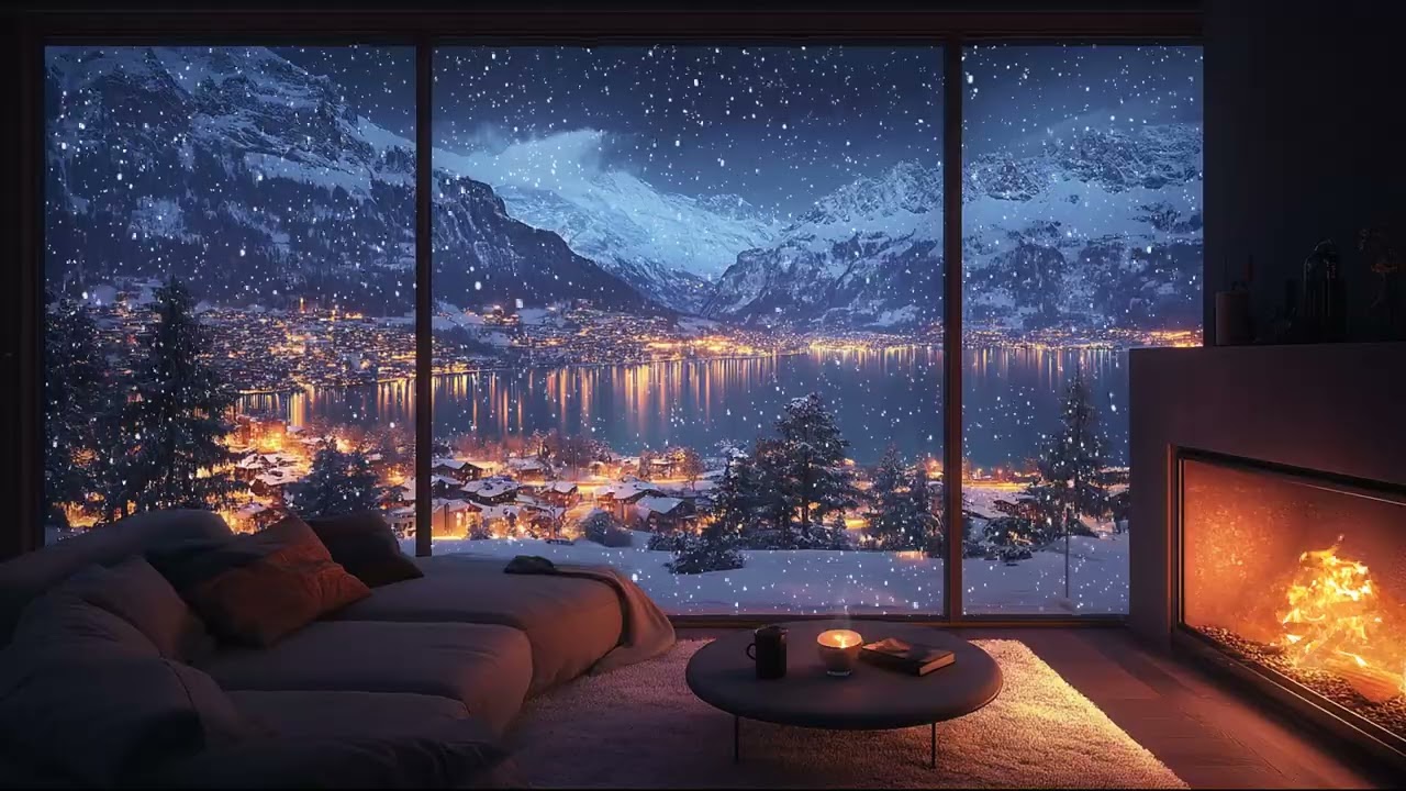 Peaceful Snowy Night at a Mountain Lake ❄️ Falling Snow Ambience & Cozy Fireplace
