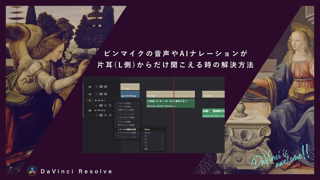 ピンマイクの音声やAIナレーションが片耳(L側)からだけ聞こえる時の解決方法【DaVinci Resolve】