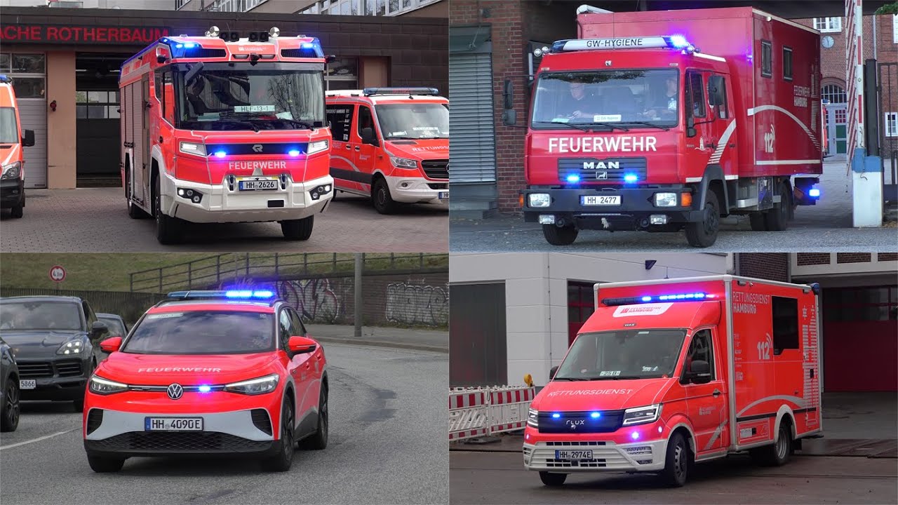 [Hamburgs Feuerwehrfahrzeuge im neuen Design] Einsatzfahrten Feuerwehr Hamburg Zusammenschnitt