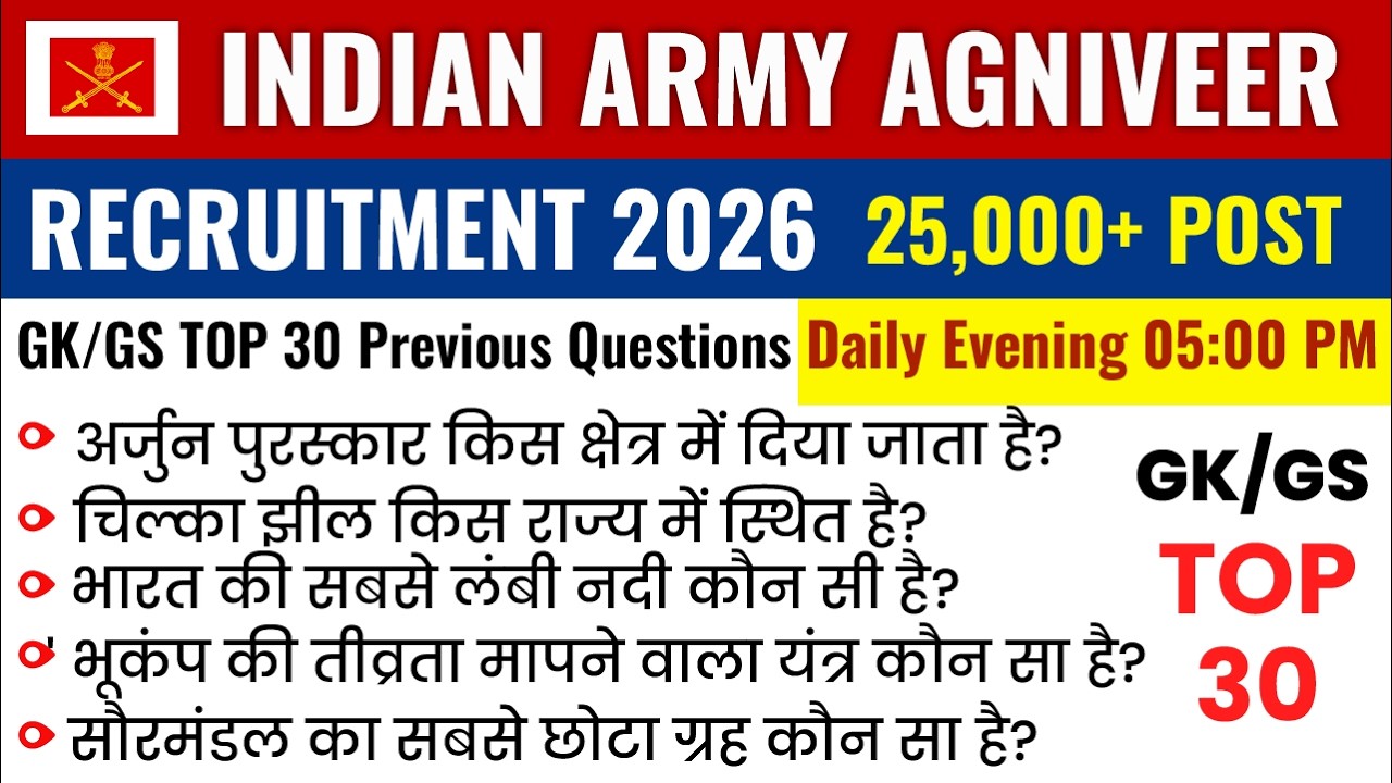 Army Agniveer 2026/Army Agniveer gk/gs previous year questions Mock Test 2 Army Agniveer batch 2026