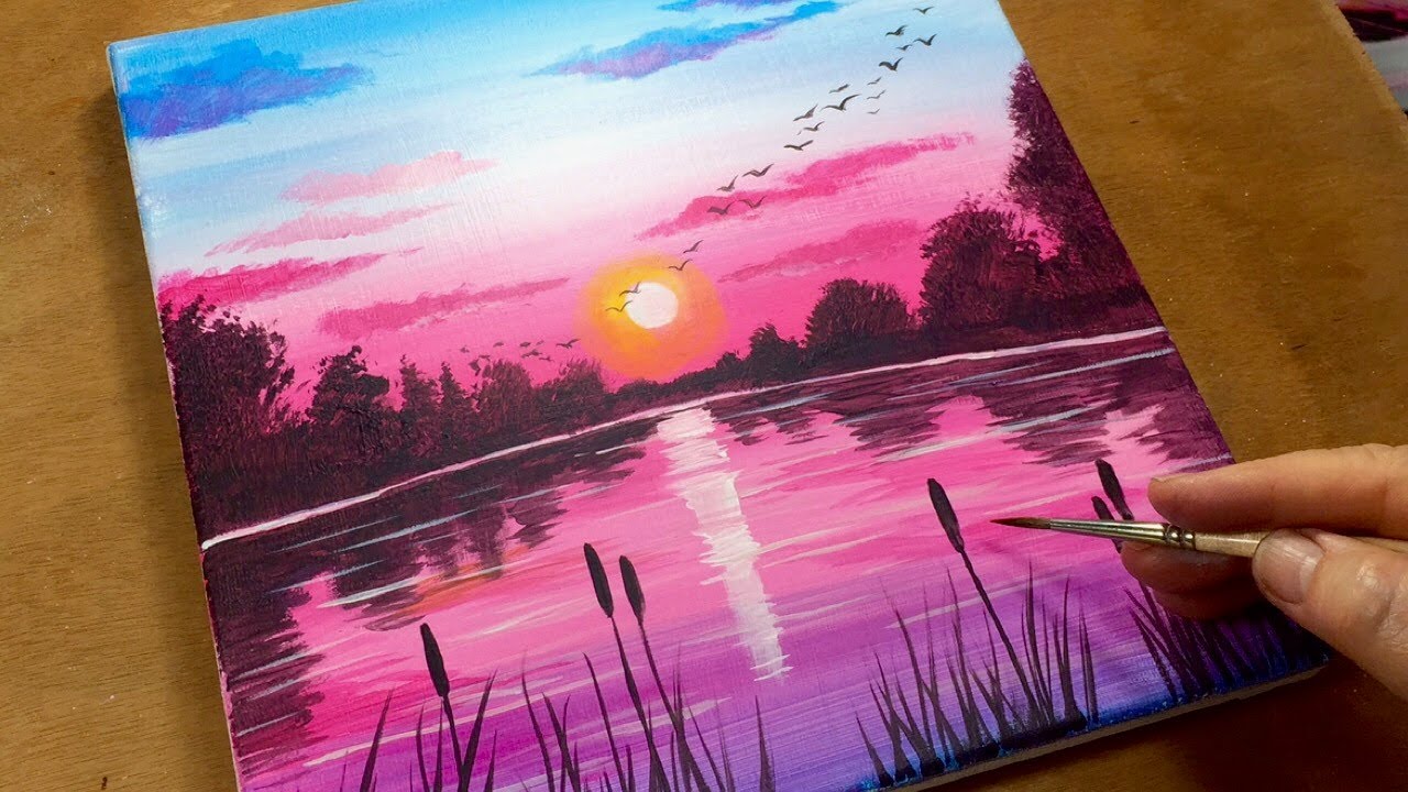 PINK SUNSET / ACRYLIC LANDSCAPE PAINTING / How To Paint For Beginners