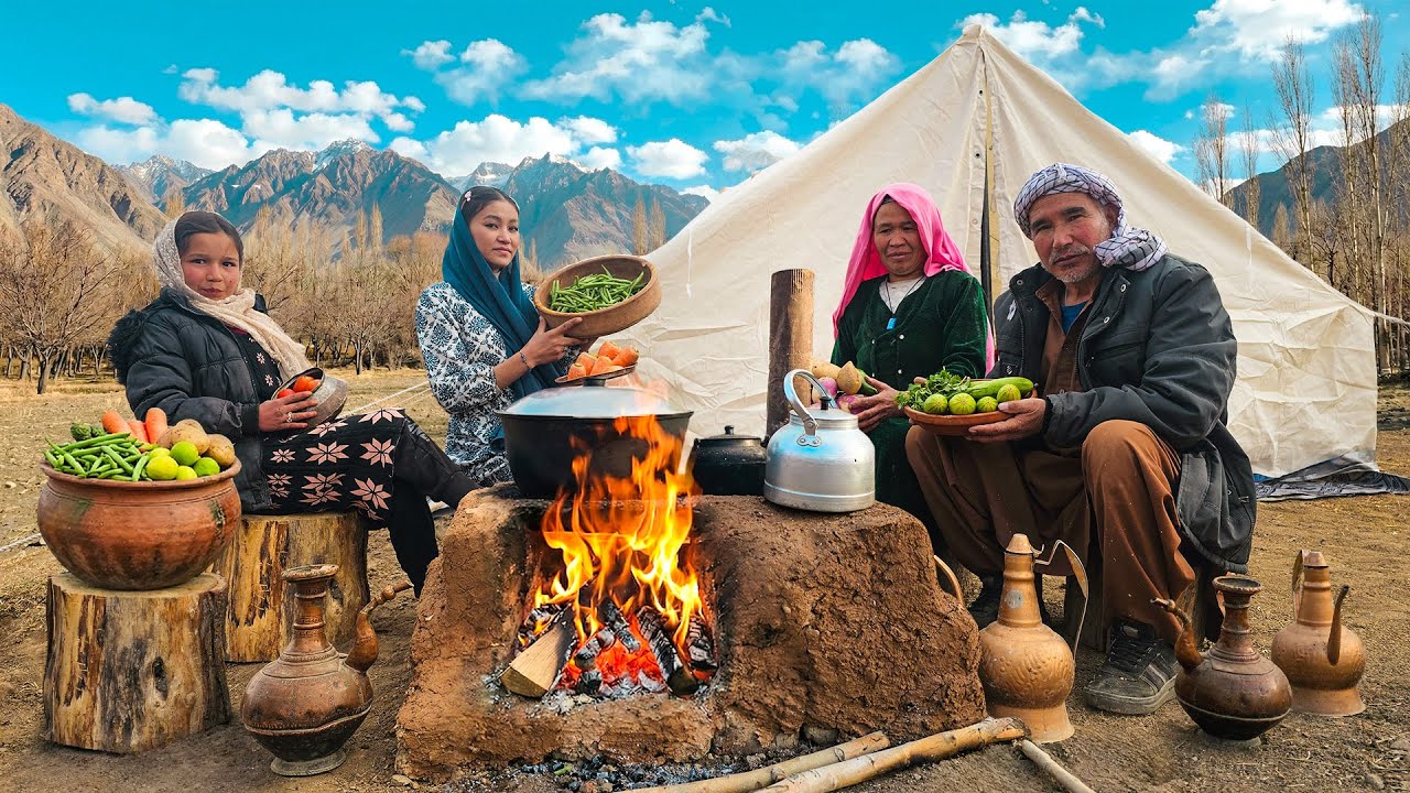 Colorful Vegetable Qorma Cooked Outdoors — Afghan Family Recipe in the Mountains