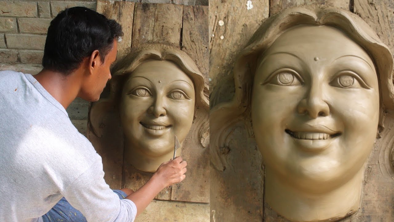 Big size smiling clay face making and molding | durga murti face