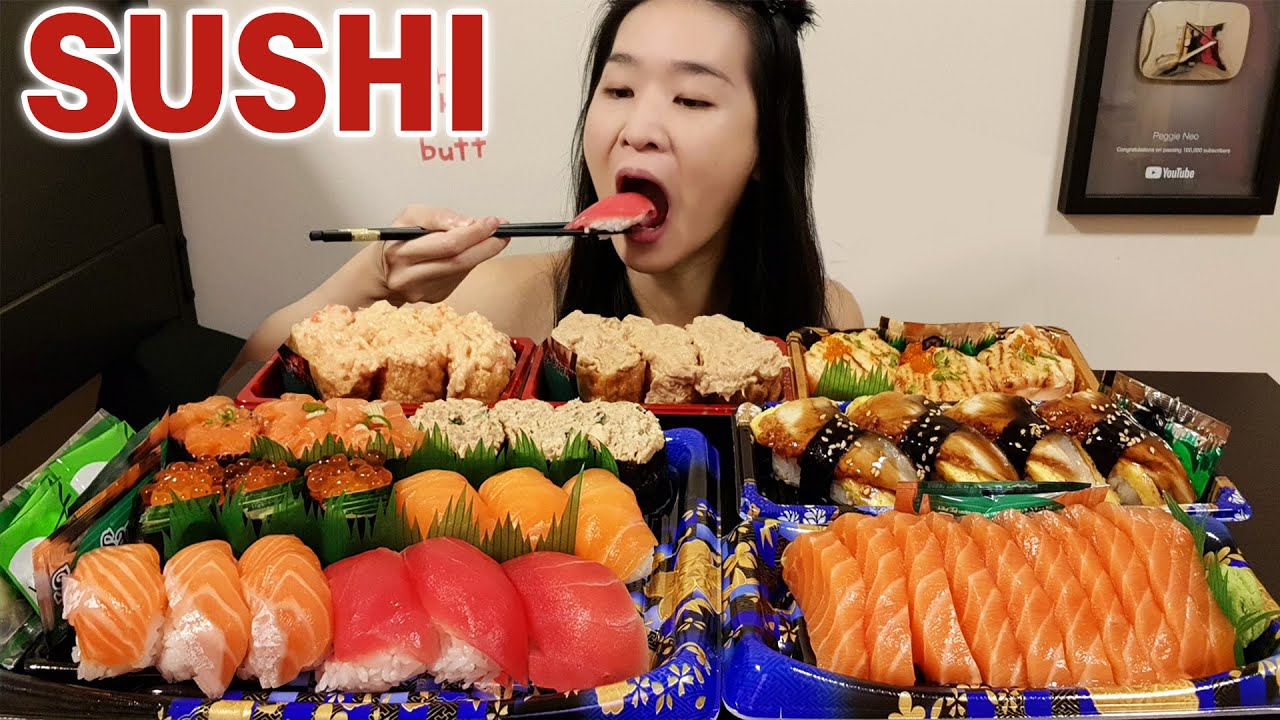 HUGE SUSHI FEAST! Salmon Sushi Platter, Salmon Sashimi & Sushi Rolls - Seafood Mukbang w/ Asmr