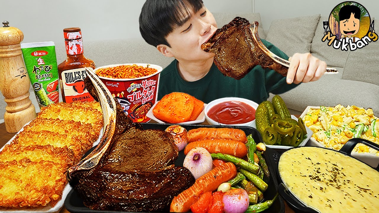 ASMR MUKBANG | Томагавк стейк, острая лапша, сырное фондю, колбаса рецепт ! принимать пищу