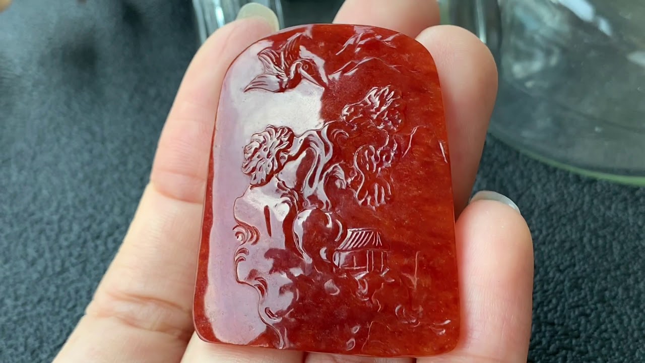 A-Grade Natural Red Jadeite Crane Pine Tree Craving Piece No.170660